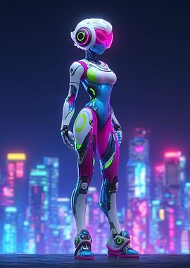 Cyberpunk Robot Girl in Neon Cityscape