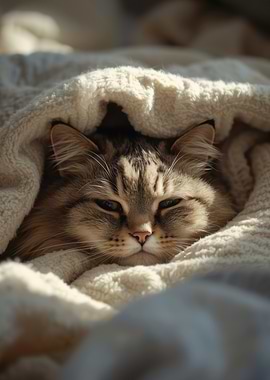 Cozy Cat Wrapped in Blanket