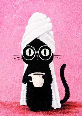 Sophisticated Cat with Coffee and Towel