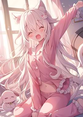 Anime Girl Waking Up in Pink Pajamas