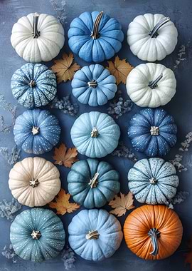 Colorful Pumpkins on Blue Background | Fall Kitchen Wall Decor