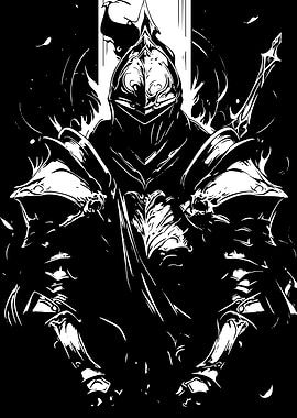 Black and White Armored Knight Illustration