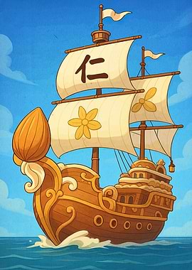 Cartoon Ship Sailing on Blue Sea