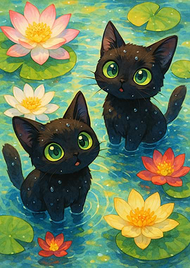 Anime Black Cats in Lily Pond