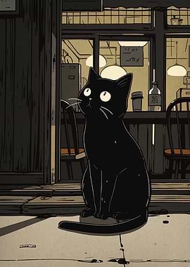 Black cat in a cafe setting