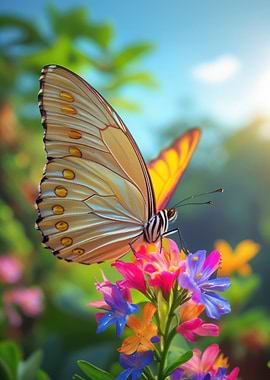 Butterfly on Colorful Flowers