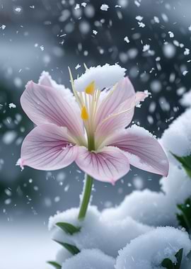 Pink Flower in Snowfall