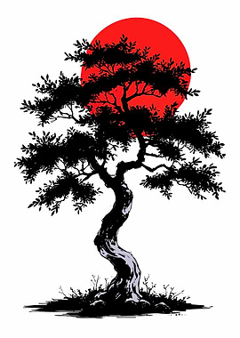 Bonsai Tree Silhouette with Red Sun