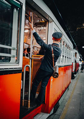 Vintage Tram Conductor at Work