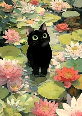Black Cat in Lily Pond