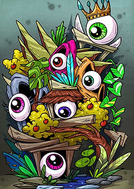 Cartoon Eyes in a Forest Scene