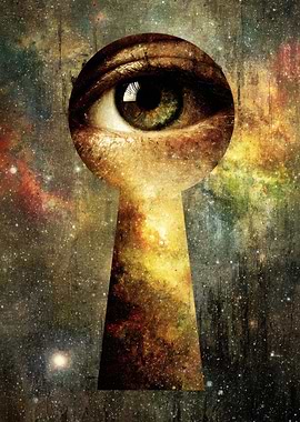 Eye in Keyhole with Galaxy Background