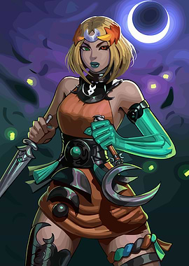 Warrior Woman with Swords and Moon