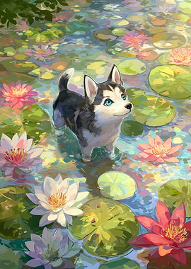 Husky Puppy in Lily Pond Painting