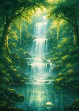 Lush Waterfall Landscape with Lily Pad