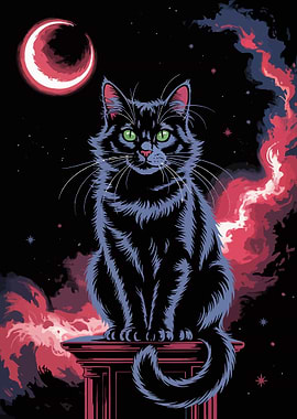 Black Cat Under Crescent Moon Art