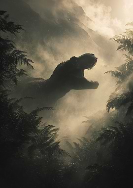 Roaring T-Rex in Misty Jungle