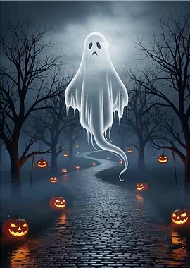 Halloween Ghostly Path with Jack-o'-lanterns