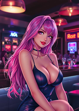 Anime Girl in Bar with Pink Hair