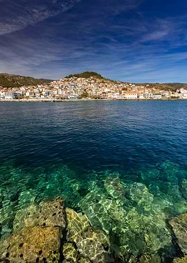Coastal Townscape with Clear Turquoise Water, Plomari