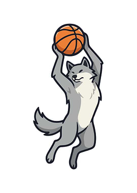Cartoon Wolf Playing Basketball