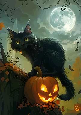 Halloween Cat on Pumpkin