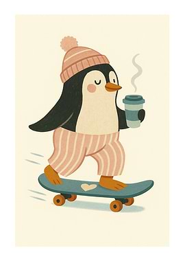 Penguin Skateboarder with Coffee