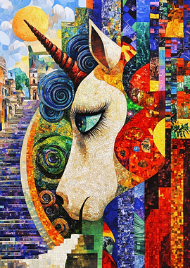Mosaic Unicorn with Cityscape and Abstract Elements