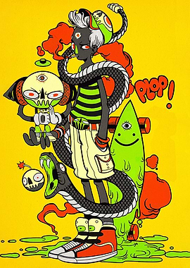 Cartoon Character with Snake and Skateboard