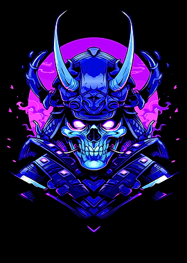 Blue Samurai Skull with Horned Helmet