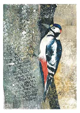 Woodpecker on Tree Trunk Painting