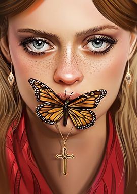 Woman with Butterfly and Cross Necklace