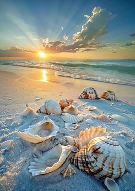 Seashells on sandy Sea beach at sunset