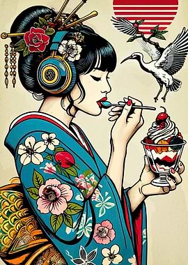 Geisha with Headphones Eating Dessert