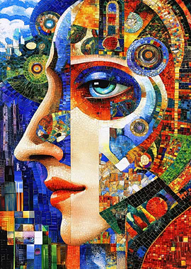 Mosaic Portrait with Cityscape Elements