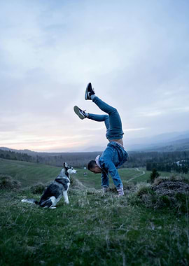 Handstand with Husky in Nature