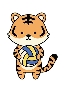 Cartoon Tiger Holding Volleyball