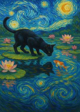 Black Cat and Fish Starry Night