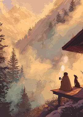 Mountain Retreat with Dog and Coffee
