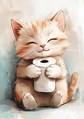 Cute Kitten Hugging Toilet Paper Roll