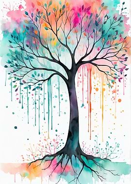 Watercolor Tree with Colorful Leaves