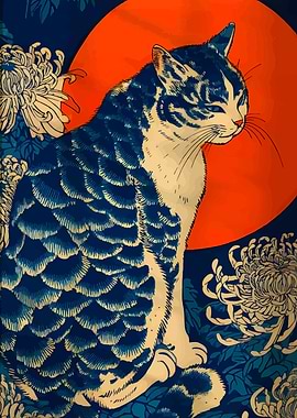 Blue Cat with Chrysanthemums and Sun
