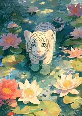 White Tiger Cub in Lily Pond