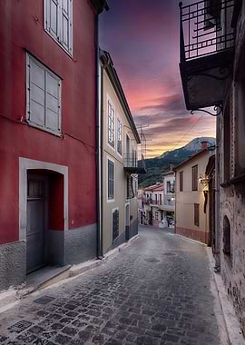 Picturesque European Street at Sunset, Lesbos