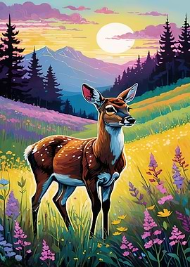 Deer in a Floral Landscape Painting