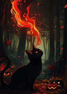 Halloween Black Cat with Fire
