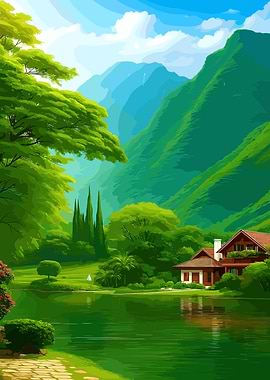 Lakeside House in Green Landscape