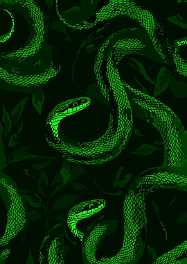 Green Snakes in Dark Foliage Pattern
