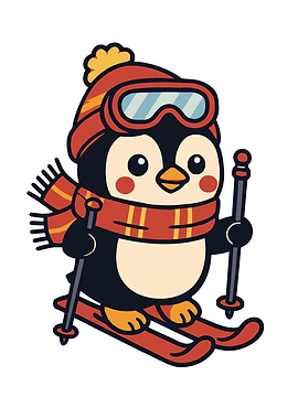 Skiing Penguin in Cozy Winter Gear – Cute Cartoon Snow Sports Design