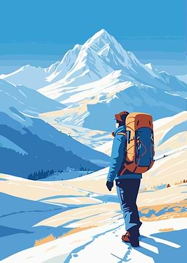 Hiker in Snowy Mountain Landscape